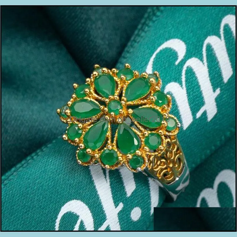 green Zircon Flower Finger rings for women Gold color Hollow out Wedding Engagement party jewelry Bague femme