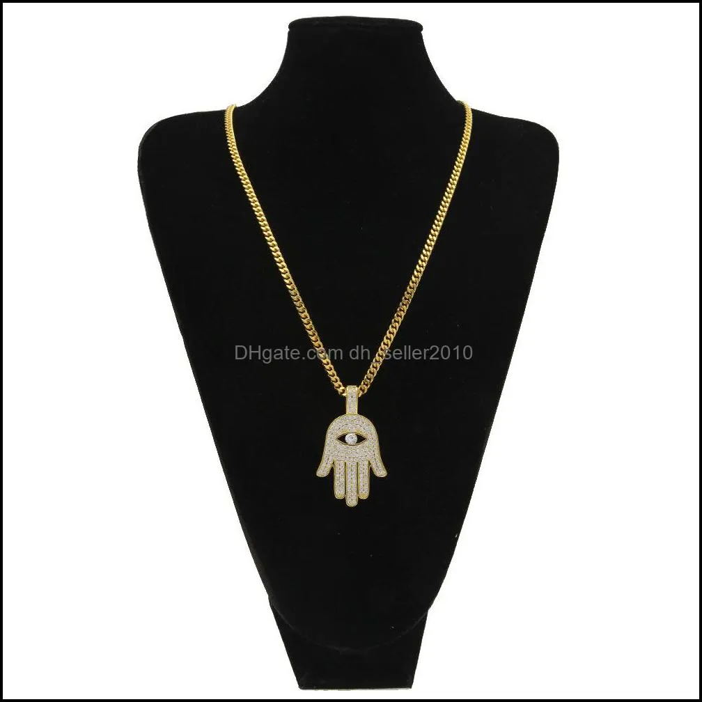 Iced Out Copper Hamsa Hand Pendant Necklace Cubic Zircon Fatima Palm Necklace Hip Hop Mens Women Jewelry Drop 285 N2