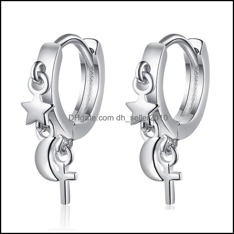 925 Sterling Silver New Woman Fashion Jewelry Simple Star Moon Cross Golden Silver Earrings