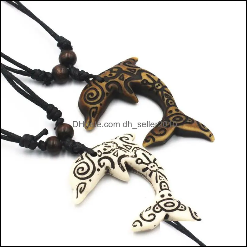 Dolphin Men Women Pendant Necklace Jewelry Wood Bead Sling Fashion Necklaces Imitation Bone Carving Chain