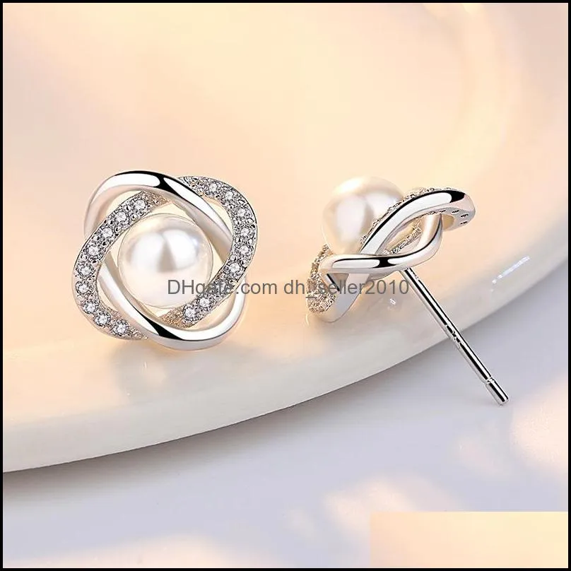 925 Sterling Silver Woman Fashion Jewelry Crystal Zircon Pearl Flower Retro Earrings
