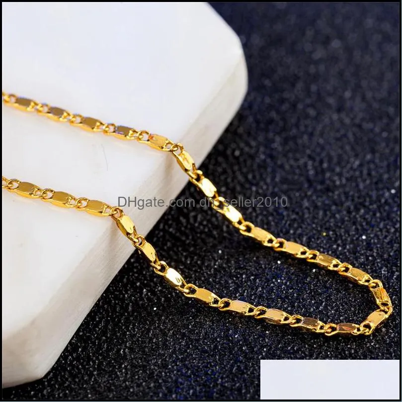 2mm Smooth Flat Chains Necklace Fashion Women 18K Gold Plated Chain for Men 925 Silver Necklaces Gifts DIY Jewelry 1198 B3