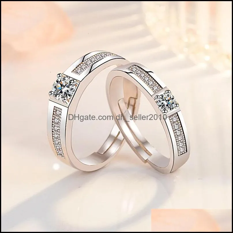 925 Sterling Silver New Woman Jewelry Retro Simple Crystal Zircon Couple Ring Adjustable Size