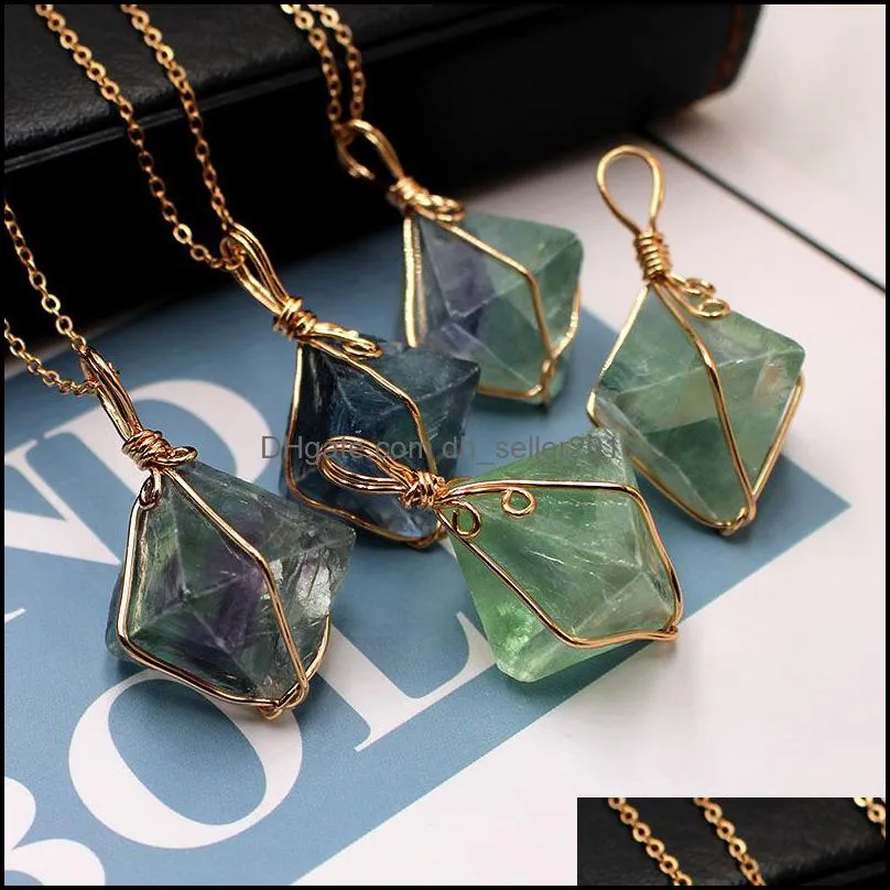 Natural Fluorite Necklace Pendants Jewellery Fashion Octahedron Chain Pendant Colorful Firefly Handmade Charms