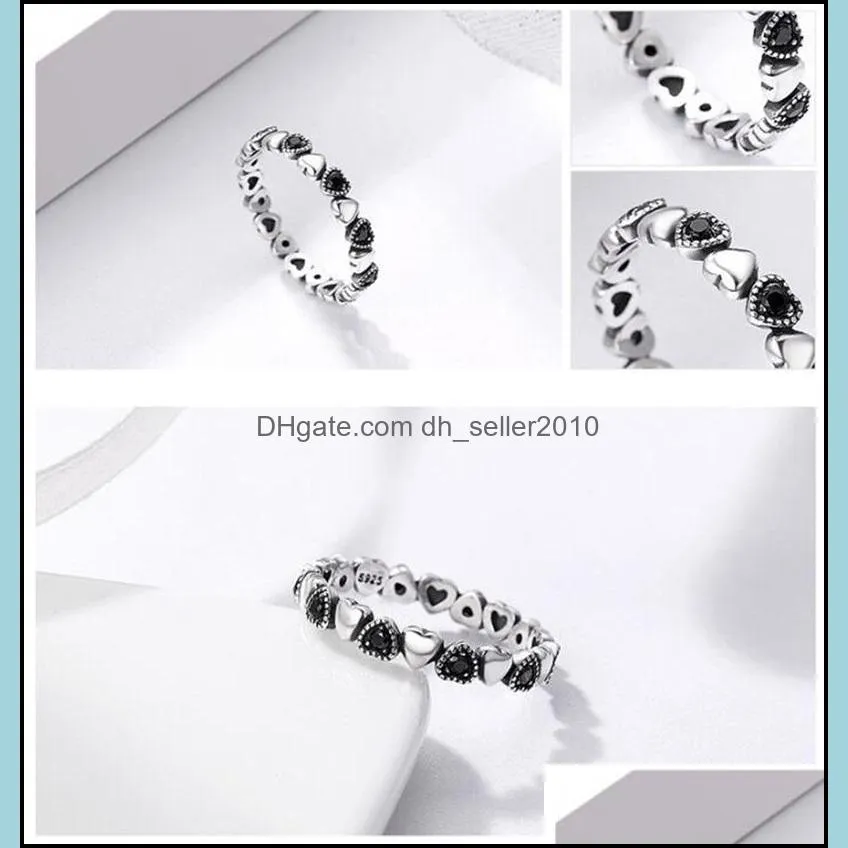 Genuine 925 Sterling Silver Stackable Ring Heart Black CZ Finger Rings for Women Wedding Anniversary Jewelry