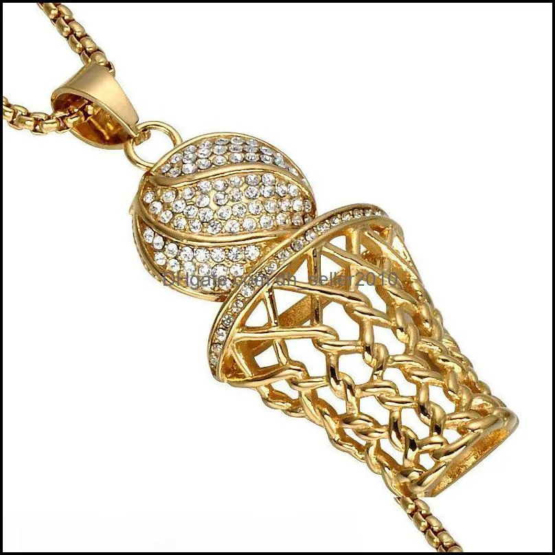 HIP Hop Iced Out Full Rhinestone Basketball Pendant Necklaces Gold&Silver Stainless Steel Sports Necklace for Mens Fashion Jewelry 719