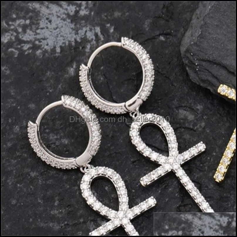 Iced Zircon Ankh Cross Earring Gold Silver Color Micro Paved Bling CZ Stone Earrings For Man Women Hip Hop Jewelry 580 Q2