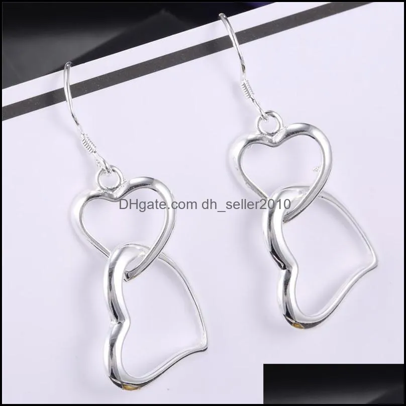 Lady Copper Earrings Silver Plated Double Love Heart Shaped Eardrop Charms Ear Pendants Valentine Day Jewelry Findings Fashion 2 5yl