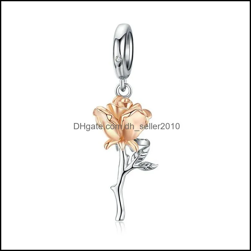 3D Rose Flower Pendant Charm 925 Sterling Silver Rose Gold Color Charms for Bracelet or Necklace DIY Bijoux
