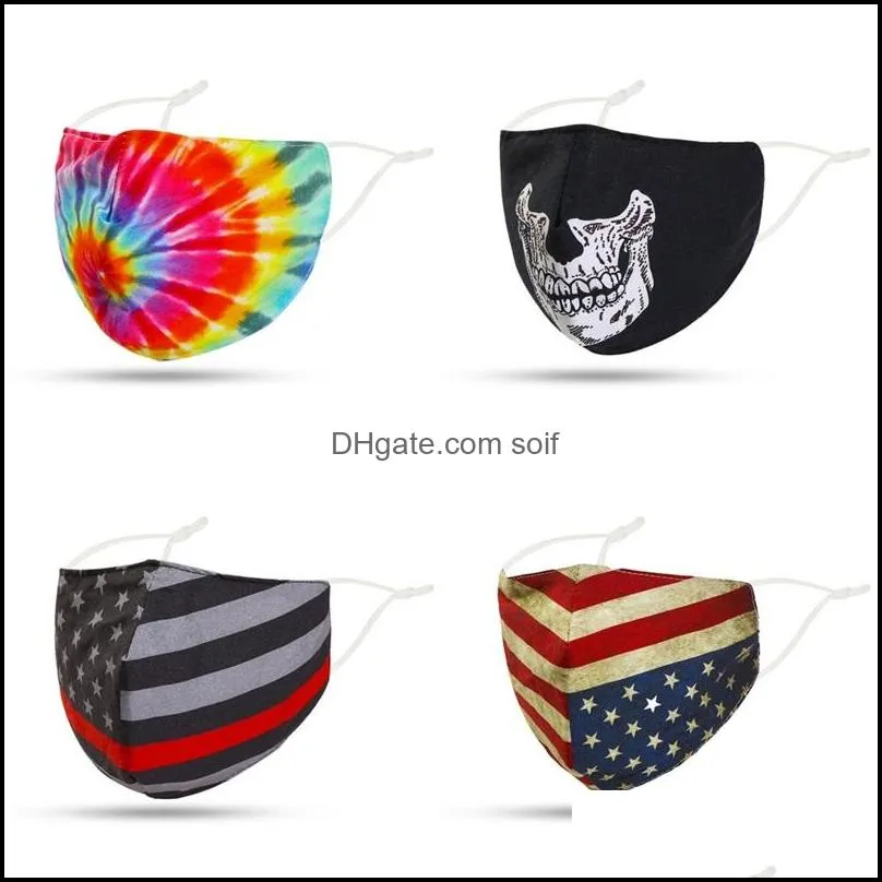 America Flags Cotton Printed Face Mask Dustproof Pm2.5 Colour Skull Washable Mascarilla Print Pattern Rope Masks Reusable 3 6tg C2