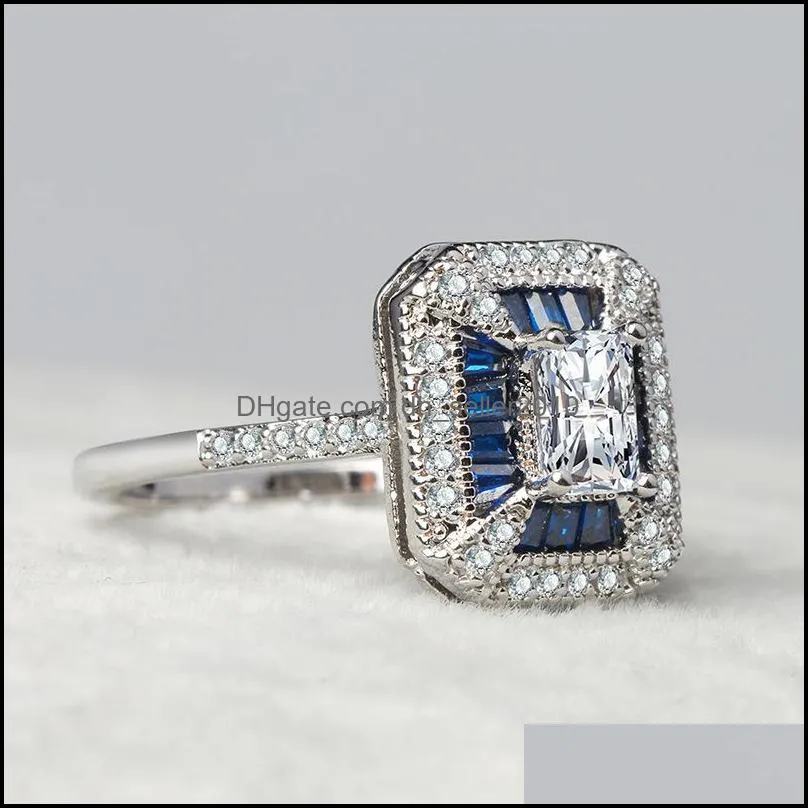 With Side Stones Fashion Women`s Wedding Jewelry Gifts White Square Zircon Rings Retro Court Style Inlaid Blue Zirconia Rings for Engagement Anel 330