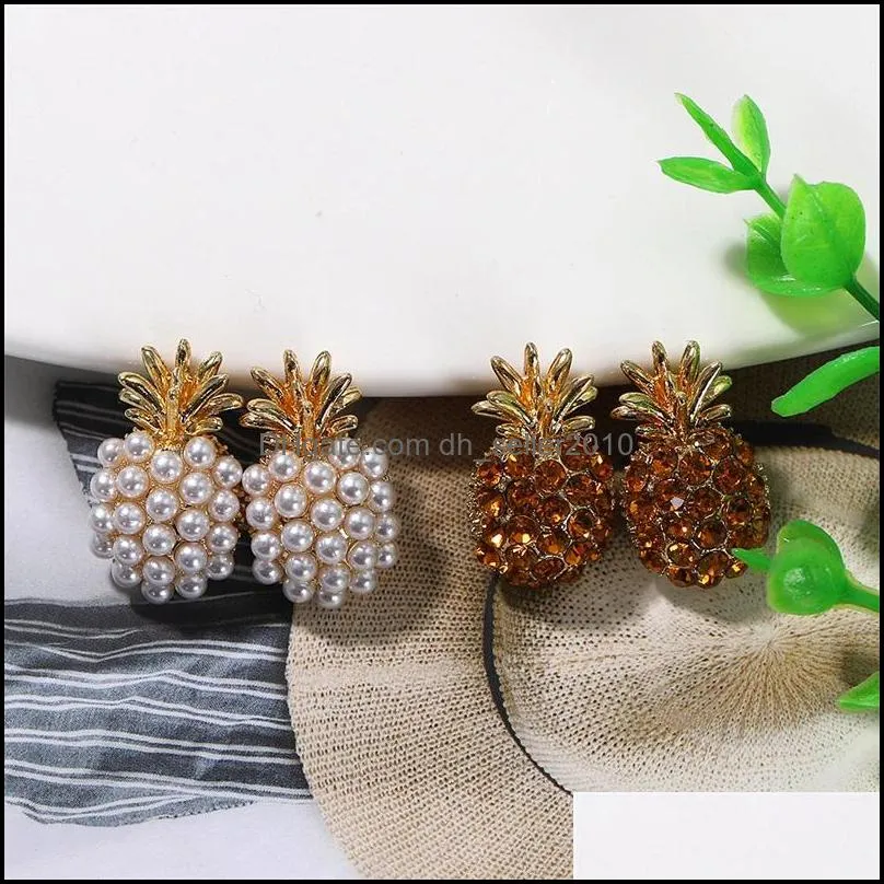 Fashion Cute Glass Crystal Pineapple Stud Earring for Women Boho Simulated Pearl Fruit Earrings Statement Jewelry Gift 2503 Y2