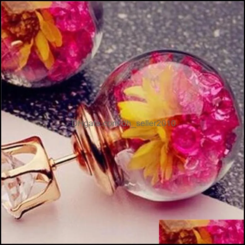 Europe Fashion Jewelry Cute Glass Ball Rhinestone Flower Stud Earrings Women`s Elegant Earrings