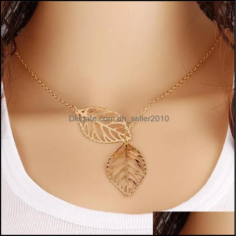 double leaf women pendant necklace jewelry plated gold lady fashion collarbone necklaces leafs alloy chain