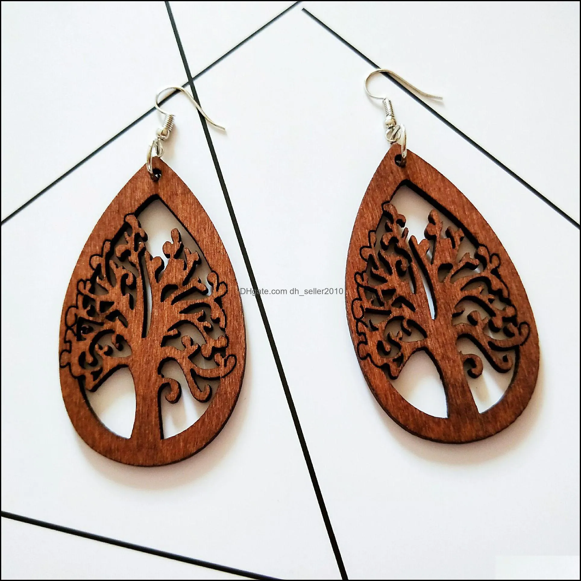 Dangle Chandelier African wooden tree earrings woman 60mm laser cutting tree of life earring 76 N2