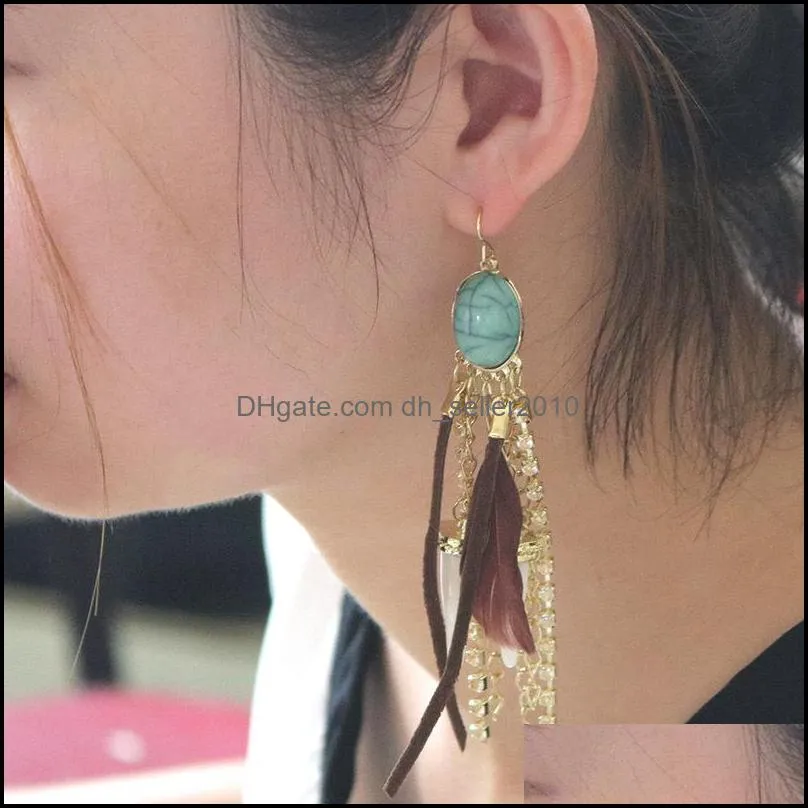 Feather Leather Rope Turquoise Dangle Earrings Diamond Inlay Multi Storey Imitation Natural Stone Drop Earring Women Fasion Jewelry 6 5le