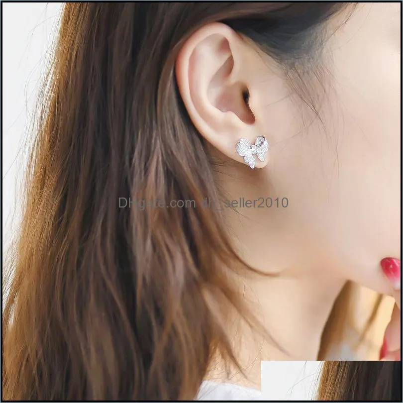 Sterling Silver Lovely Bow Designer Stud Earrings Shining Crystal Luxury CZ Diamond Stone Cute Earrings Jewelry for Women 1625 Q2