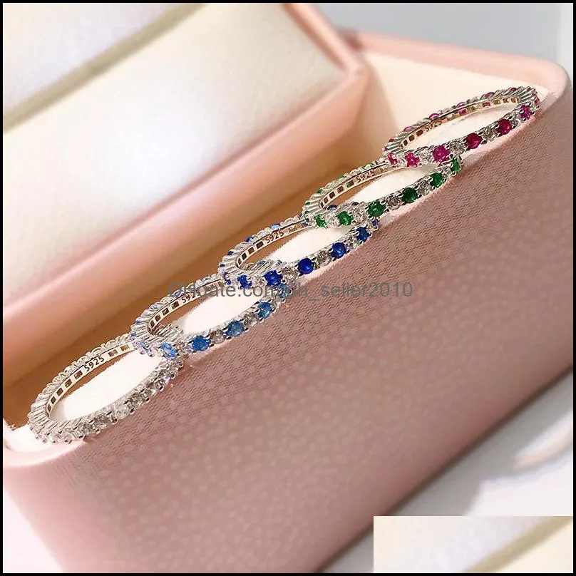 Sweet Cute Simple Fashion Wedding Jewelry Real 925 Sterling Silver Multi Color Gemstones Women Band Ring Never Fade