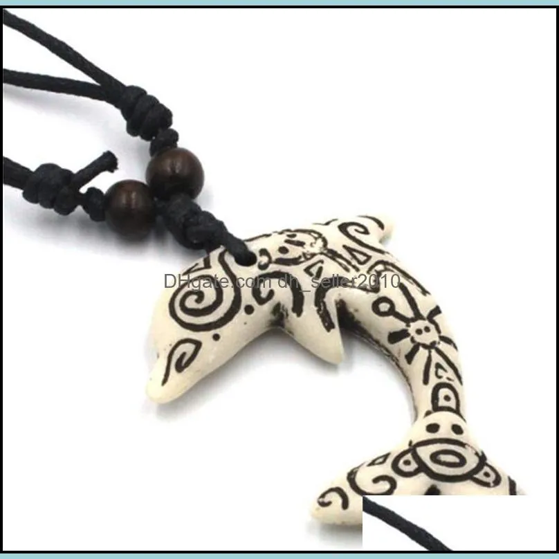 Dolphin Men Women Pendant Necklace Jewelry Wood Bead Sling Fashion Necklaces Imitation Bone Carving Chain