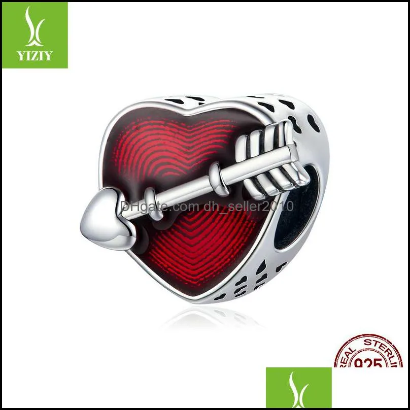 100% 925 Sterling Silver Charm Love Heart ECG & Red Enamel Beads fit Bracelets for Women Jewelry Gift