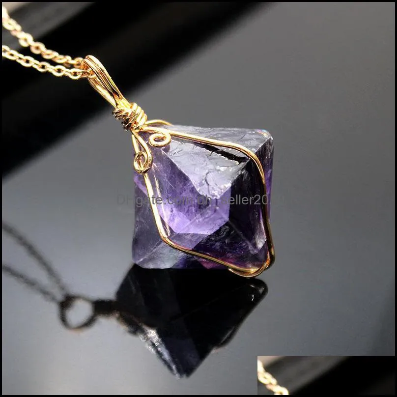 Natural Fluorite Necklace Pendants Jewellery Fashion Octahedron Chain Pendant Colorful Firefly Handmade Charms