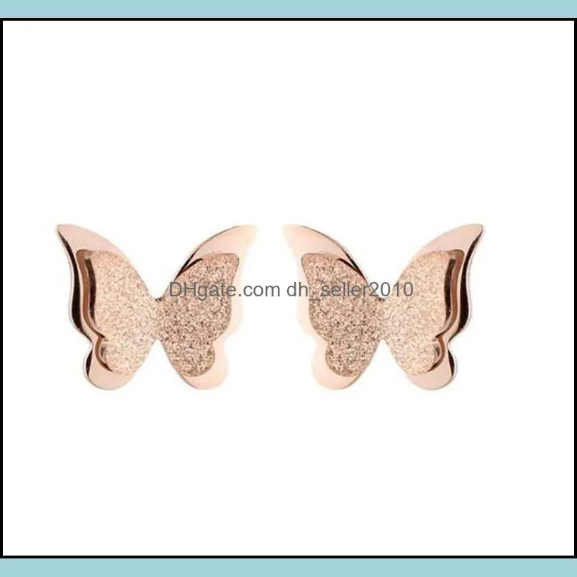 Double Deck Butterfly Ear Studs Women Anti Allergy Titanium Steel Plated Gold Earrings Lady Fashion Accessories 5zm J2