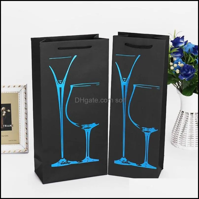 Black Cardboard Paper Pouch With Portable Lift Rope Red Wine Bags Double Layer Hemming Design Bag Gift 1 4zy B