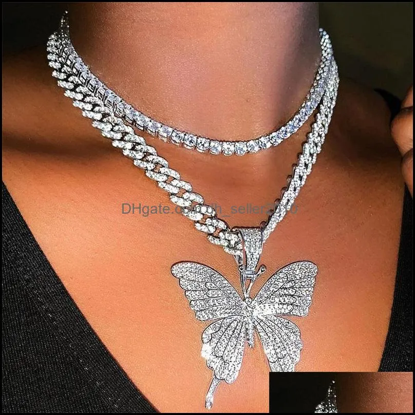 Stonefans Luxury Cuban Link Chain Choker Necklace Butterfly Pendant for Women Hip Hop Iced Out Rhinestone Necklace Jewelry 169 R2