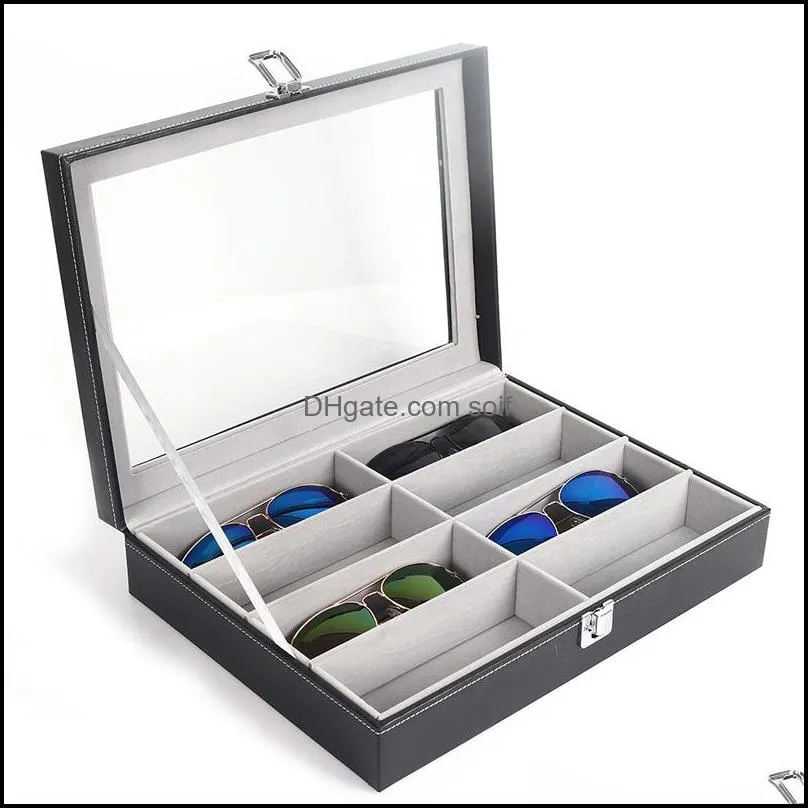 Eight Grid Glasses Storage Box Cortex Sunglasses Display Cases Leather Density Board Open Lid Design Fashion Black Square 22hxC1