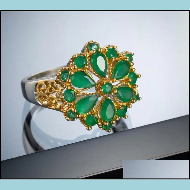 green Zircon Flower Finger rings for women Gold color Hollow out Wedding Engagement party jewelry Bague femme