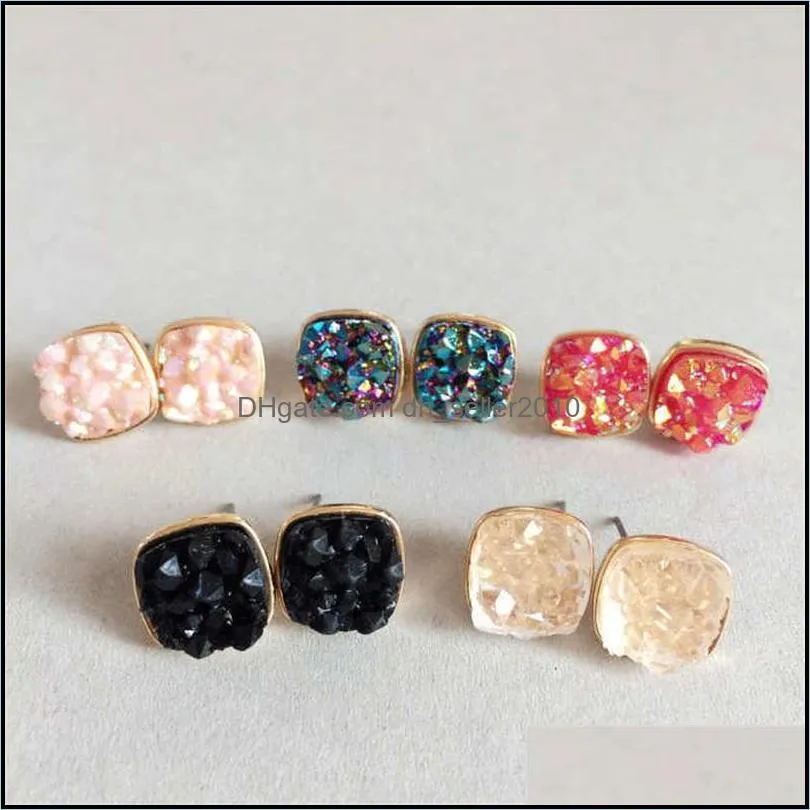 Fashion Drusy Druzy Earrings Gold Plated Popular Square Water Drop Gemstone Stone Stud Earrings for Women 1327 Q2