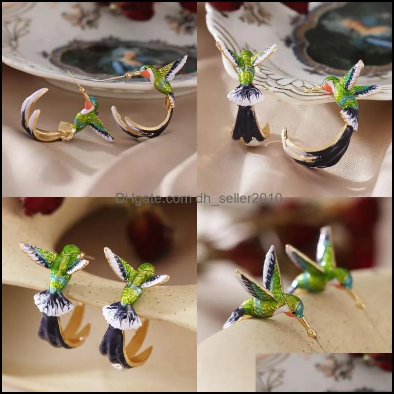 Hummingbird Shape Ear Studs Lady Cute Animal Bird Alloy Earrings Dropping Oil Crafts Gifts Jewelry Accessories Women Elegant Fashion 4cy
