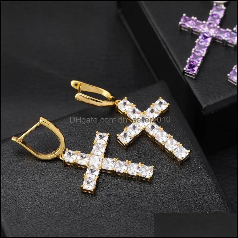 Personalized 18K Gold Plated Bling Cubic Zirconia Cross Hoop Earring Mens Womens Hip Hop Earrings Iced Out Jewelry for Women Men 646