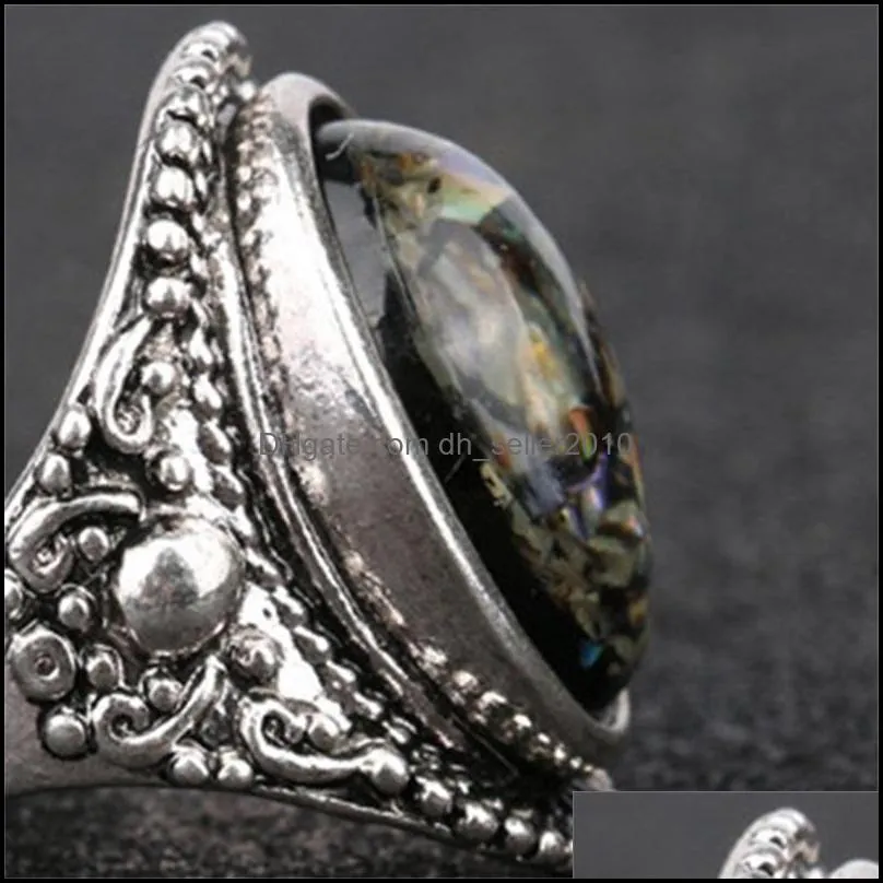 Silver Plating Luxury Amber Opal Man Ring Jewelry Vintage Ring Colorful Natural Stone Centre Rings Ancient Silver Gemstone Rings 1053