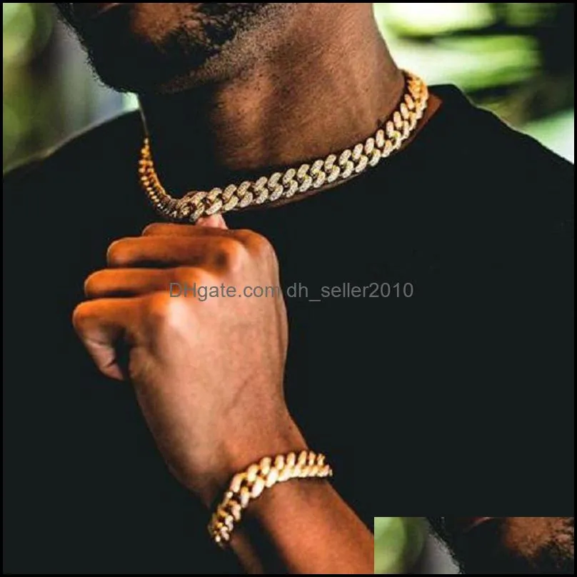 Iced Out Bling Rhinestone Chains Silver Golden Finish  Cuban Link Chain Necklace 15mm Mens Hip Hop Necklace Jewelry 210 Q2