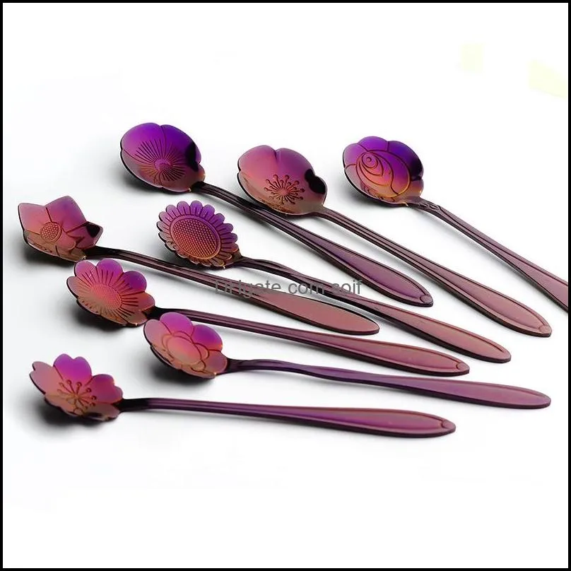Purple Petal Scoop Practical Stainless Steel Coffee Spoon Gold Plated Various Type Dessert Kitchen Accessories For Wedding Favors 2 6wlb