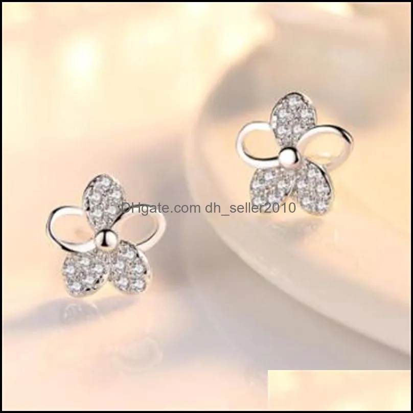 925 Sterling Silver Stud Earrings Woman Fashion Jewelry Retro Simple Plum Leaf Crystal Zircon Earrings