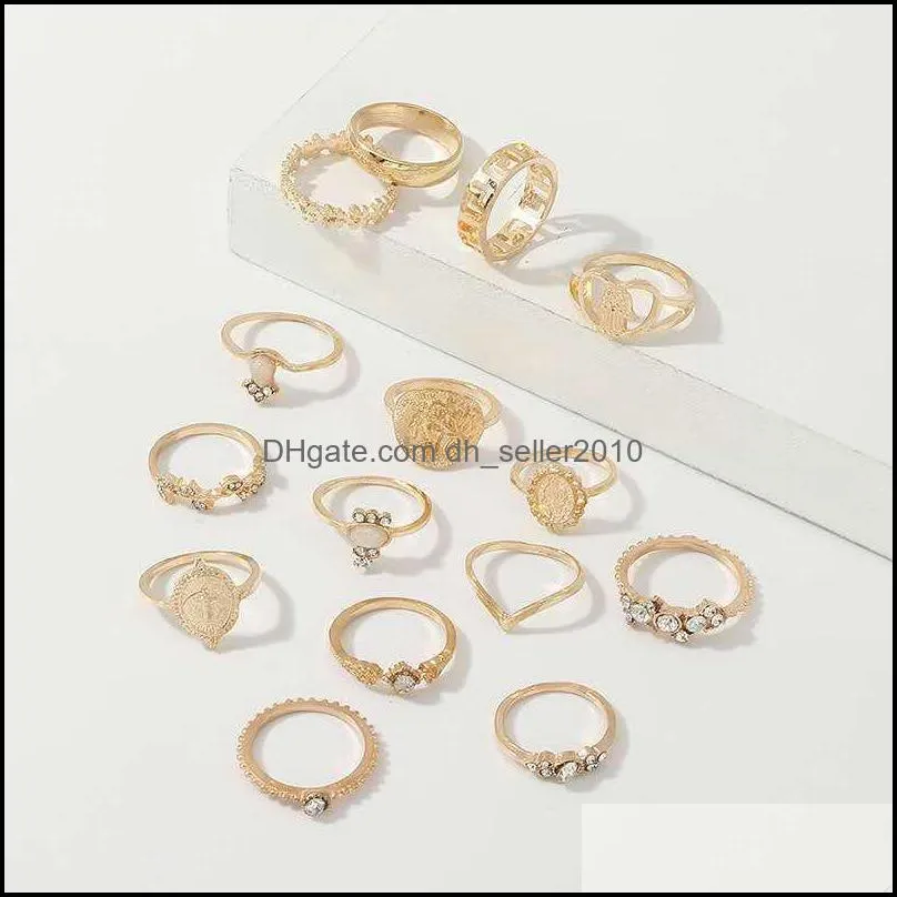 Fashion Jewelry Knuckle Ring Set Gold Cross Heart Fatima`s Palm Stacking Rings Midi Rings Sets 15pcs/set