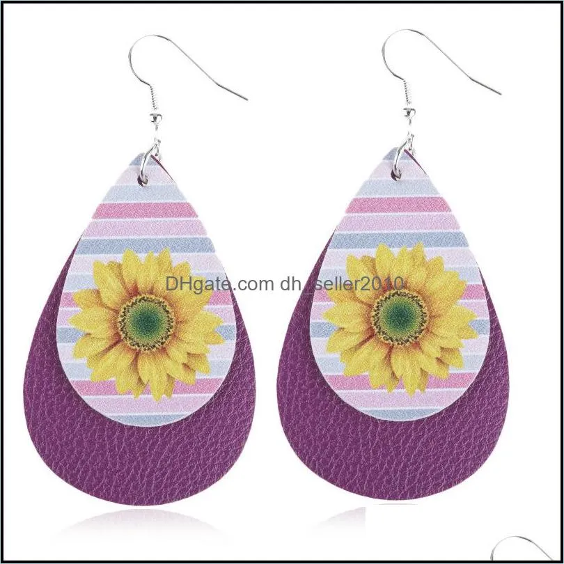 Sunflower Printed Faux Leather Teardrop Earrings Colorful Layered Flower Pattern Water Drop Earrings Creative Gifts