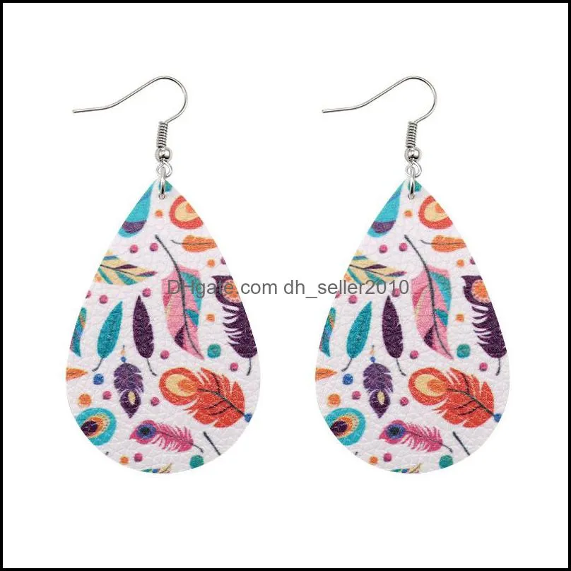 Fashion Charm Feather Print PU Leather Earrings for Women Leather Dangle Drop Earring Oval Waterdrop Ear Party Wedding Jewelry Wholesale 146