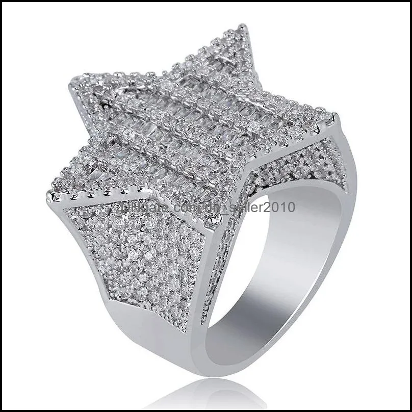 18K Gold & White Gold Mens Luxury Bling Cubic Zirconia Pentagram Ring Band Iced Out Rapper Jewelry Gifts for Boyfriend 1051 Q2