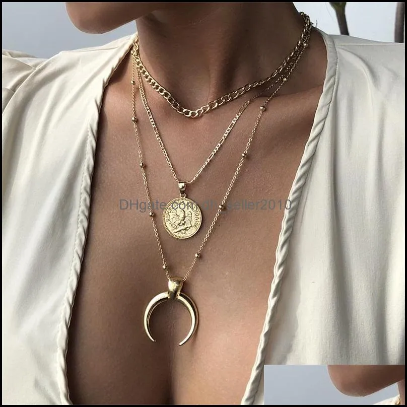 Lady Multilayer Alloy Chain Jewellery Women Head Portrait Moon Coin Fashion Plated Gold Pendants Necklace Personality 6 8qd J2