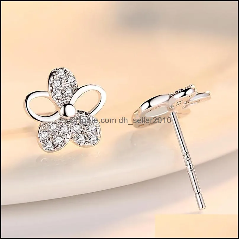 925 Sterling Silver Stud Earrings Woman Fashion Jewelry Retro Simple Plum Leaf Crystal Zircon Earrings