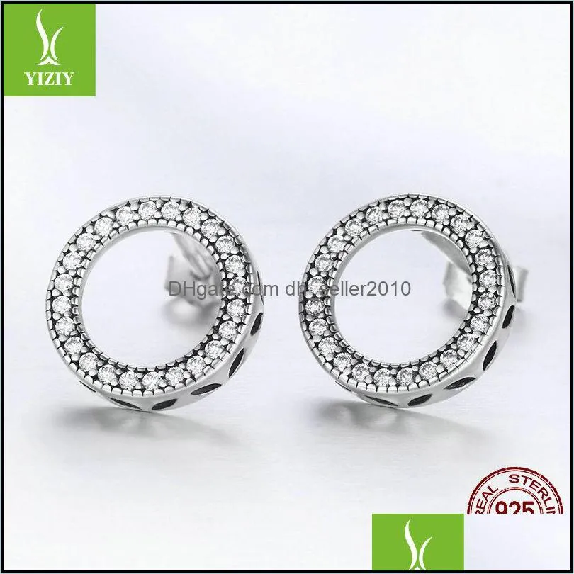 Genuine 925 Sterling Silver Luminous Round Circle Stud Earrings for Women Jewelry Gift