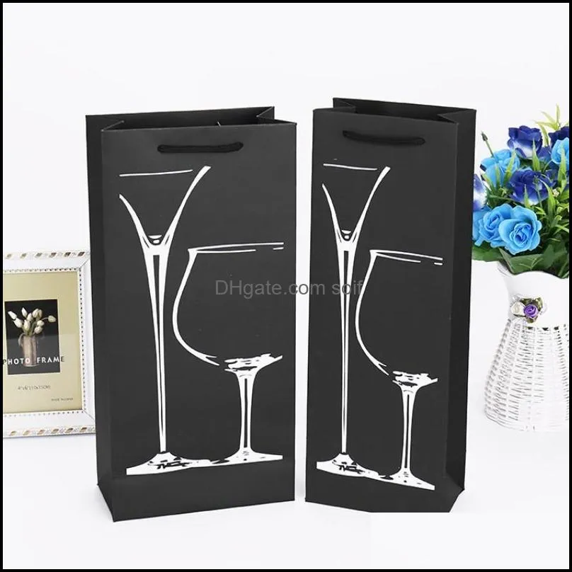 Black Cardboard Paper Pouch With Portable Lift Rope Red Wine Bags Double Layer Hemming Design Bag Gift 1 4zy B