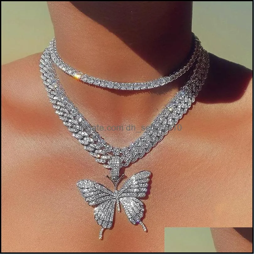 Stonefans Luxury Cuban Link Chain Choker Necklace Butterfly Pendant for Women Hip Hop Iced Out Rhinestone Necklace Jewelry 169 R2