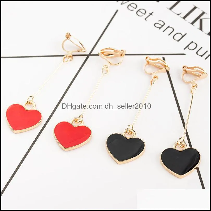 Clip-on Screw Back New Fashion Simple Peach Heart Black Earrings Without Piercing For Girls Cute Ear Clip 132 M2