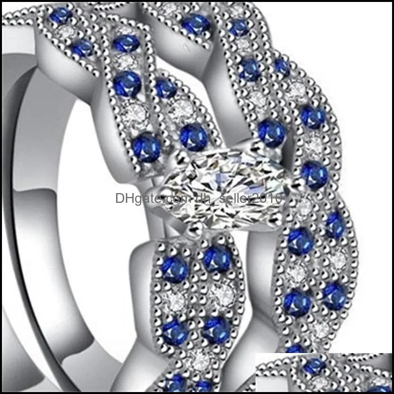 Luxury 2pcs/set Classic Marquise Cut Silver Plated Diamond CZ Engagement wedding Ring Set Jewelry Size 6-12