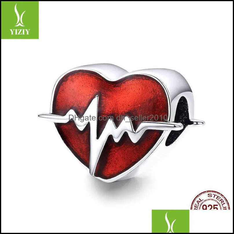 100% 925 Sterling Silver Charm Love Heart ECG & Red Enamel Beads fit Bracelets for Women Jewelry Gift