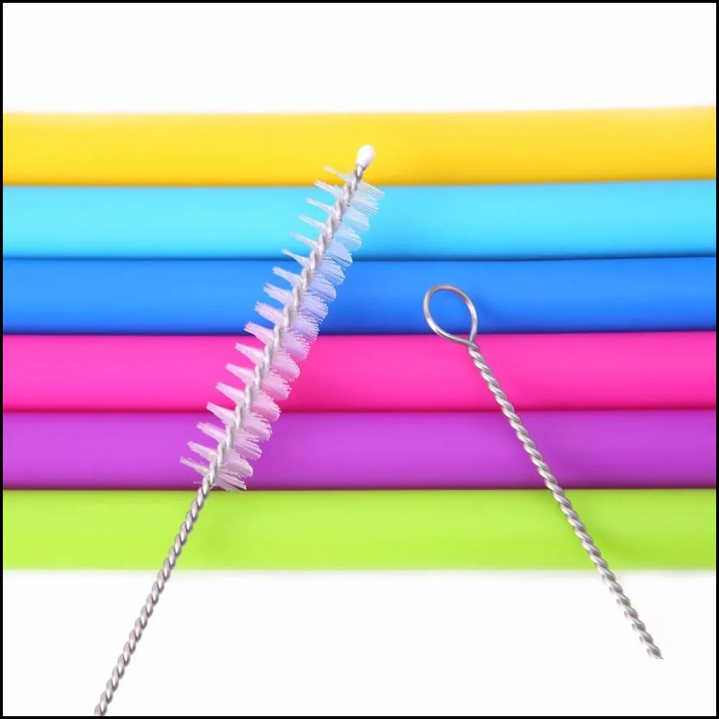 25cm food grade silicone drinking straws silicone straight bent straws set with two brushes for cups